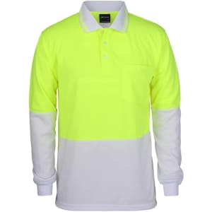 A long-sleeved polo shirt in fluorescent yellow and white, featuring a chest pocket and a logo.