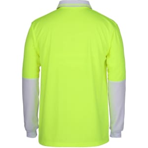 A long-sleeve polo shirt in high visibility yellow with grey sleeves, featuring a logo on the chest.