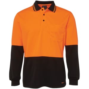 An orange and black long-sleeve polo shirt with a collar and pocket, featuring a logo.