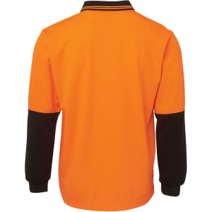 An orange long-sleeve polo shirt with black sleeves and a collar, featuring a logo on the front.