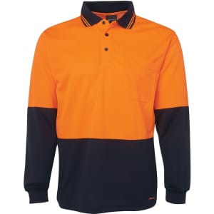 A long sleeve polo shirt featuring orange and navy panels, with a chest pocket and a logo.