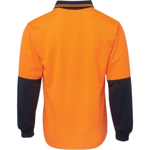 An orange long-sleeve polo shirt with black sleeves and a collar, featuring a logo on the back.