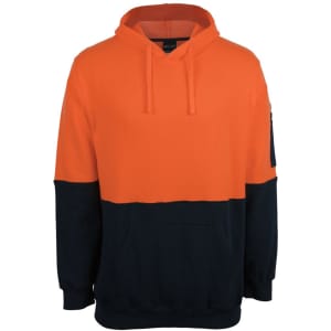 An orange and navy hoodie with a front pocket and a hood, featuring a sleeve pocket and logo.