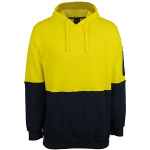 A two-tone hoodie featuring a bright yellow upper and dark navy lower, with a front pocket and a logo.