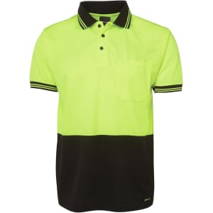 A high-visibility yellow and black polo shirt with a collar and pocket, featuring a logo.