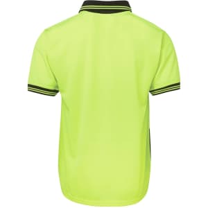 A back view of a short-sleeved, high-visibility yellow polo shirt with contrasting black details and a logo.