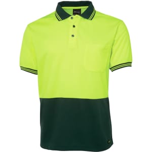 A high-visibility short-sleeve polo shirt in bright yellow with a dark green bottom and a pocket. Features a logo.