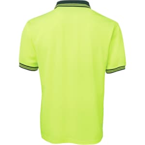 A neon yellow polo shirt featuring a collar with contrasting trim and a logo on the back.