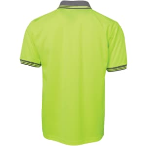 A bright yellow work polo shirt featuring contrasting grey accents and a logo.
