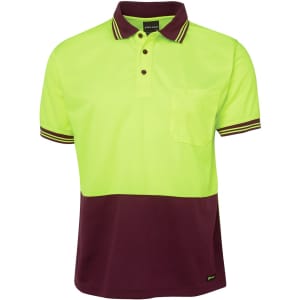 A high-visibility polo shirt in bright yellow and maroon, featuring a collar, pocket, and a logo.