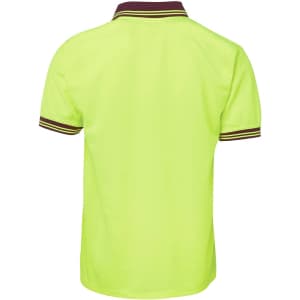 A bright yellow short-sleeve polo shirt featuring contrasting dark stripes on the collar and sleeves. It has a logo.