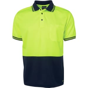 A high-visibility short-sleeve polo shirt in bright yellow and navy blue with a front pocket and contrasting stripes.