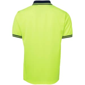 A bright yellow short-sleeve polo shirt featuring a contrasting collar and sleeve stripes, with a logo.