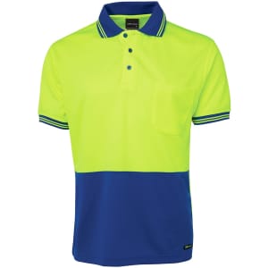 A polo shirt in high visibility yellow and blue, featuring a collar, pocket, and branding.