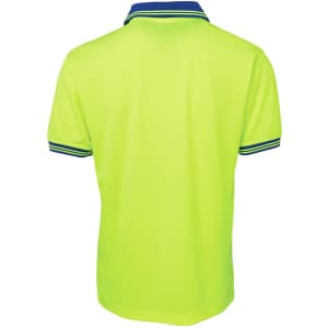 A bright yellow polo shirt with a blue collar and striped detailing. The back view highlights the vibrant colour and design.