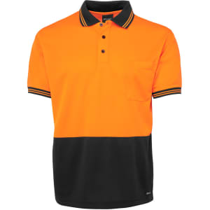 An orange and black polo shirt with a pocket and striped collar, featuring a logo on the chest.