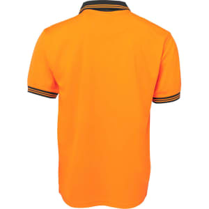 An orange short-sleeve polo shirt with contrasting collar and sleeve trims, featuring a logo.
