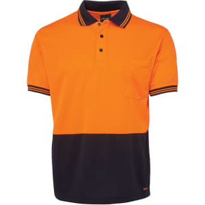 An orange and navy polo shirt featuring a pocket and a logo.