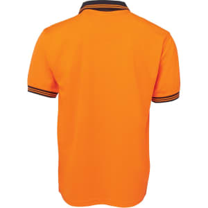An orange polo shirt with contrasting black-striped detailing on the collar and sleeves. It features a logo.