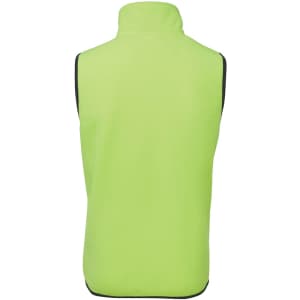 A high-visibility lime green work vest with black trim, featuring a stand-up collar and no sleeves.