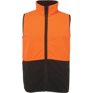 An orange and black vests with a zip front and high collar, featuring side pockets and a logo.