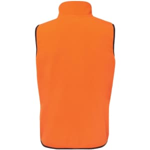 An orange work vest with a high collar and black trim, featuring a logo on the front.