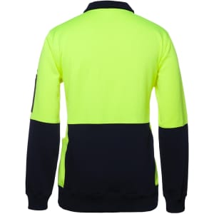 A bright yellow and navy fleece jumper with a half zip and a sleeve pocket, featuring a logo.