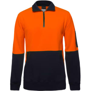 A 1/2 zip fleece jumper in orange and navy blue, featuring a front pocket and a logo on the sleeve.