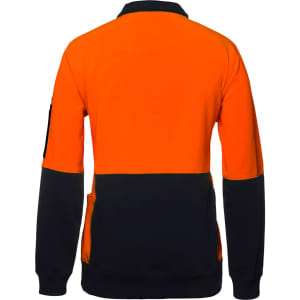 A fleece jumper in vibrant orange and black, featuring a zip neckline and a side pocket.