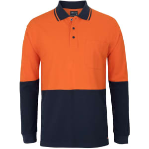 A long-sleeve polo shirt featuring orange and navy colours, with a pocket and a logo.