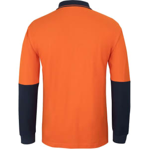 An orange long-sleeve cotton polo shirt with navy blue sleeves and a collar, featuring a logo.