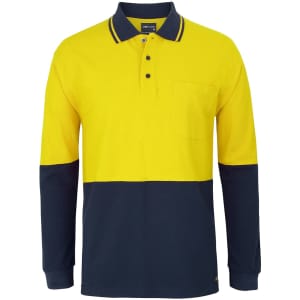 A long-sleeve polo shirt in bright yellow and navy blue with a chest pocket and a logo.
