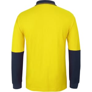 A long-sleeve polo shirt in vibrant yellow with navy blue sleeves and collar, featuring a logo.