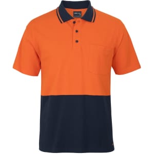 An orange and navy striped polo shirt with a collar and a chest pocket, featuring a logo.