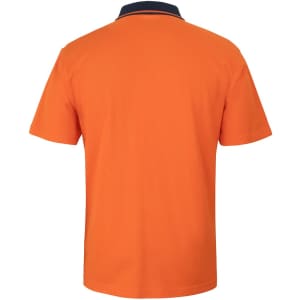 An orange cotton pique polo shirt with a navy collar at the back, featuring a logo.