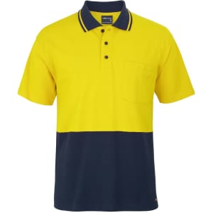 A short-sleeved cotton pique polo in bright yellow and navy, featuring a pocket and a logo.