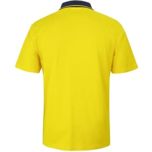 A yellow short-sleeved polo shirt featuring a dark collar and a logo on the back.