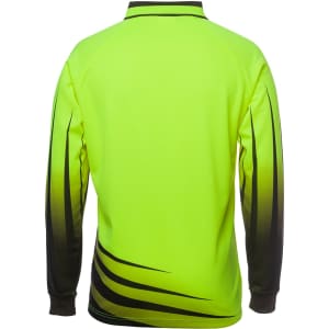 A long-sleeve polo shirt in high visibility green with a gradient design fading to black on the sleeves. Features a logo.