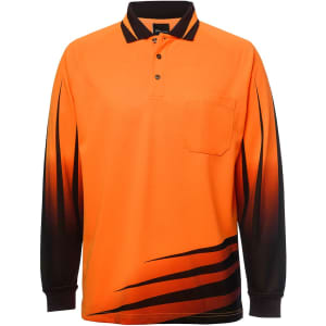 An orange long-sleeve polo shirt featuring black gradient stripes and a pocket, with a logo on the chest.