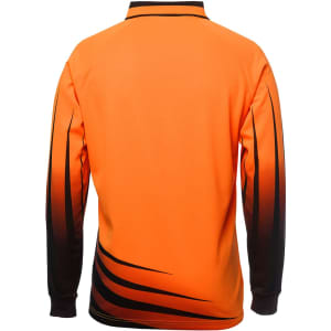 An orange long-sleeve polo shirt with black gradient detailing and a logo on the back.