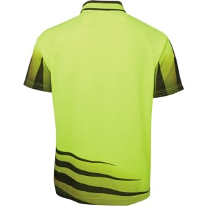 A bright yellow-green work polo shirt with a wave pattern in darker shades, featuring a collar and a logo.