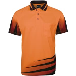 An orange and black work polo shirt with a pocket and a distinctive design. It features a logo.
