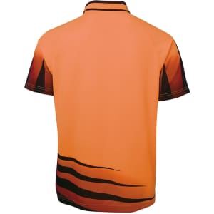 An orange and black work polo shirt featuring a dynamic design with wave patterns and a branding logo.