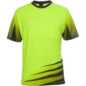A short-sleeved work tee in bright yellow with a pocket and dark green accents. Features logo branding.