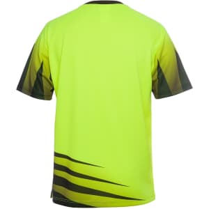 A bright yellow and green work t-shirt with a distinctive design and short sleeves. It features a logo.