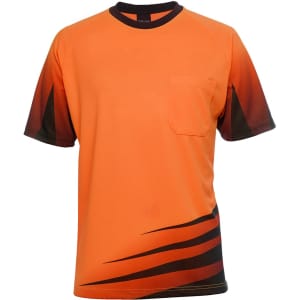 An orange short-sleeve work t-shirt with black and dark orange design elements and a chest pocket. It features a logo.