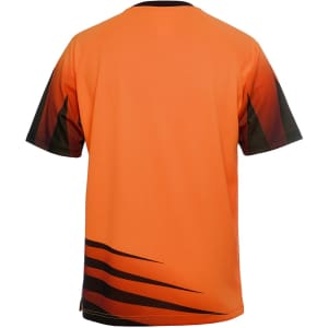 An orange short-sleeved work t-shirt featuring black design elements and a logo.