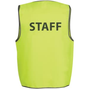 A safety vest in bright lime green featuring a logo, with "STAFF" printed on the back in bold lettering.