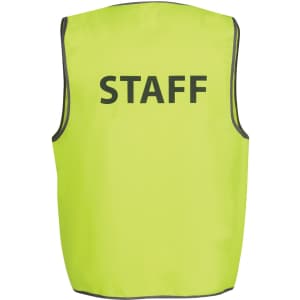 A lime green safety vest featuring the word "STAFF" on the back, outlined with reflective material.
