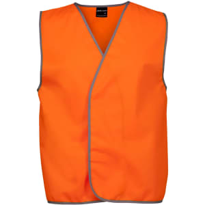 An orange safety vest with grey trim, featuring a logo, designed for visibility and safety wear.